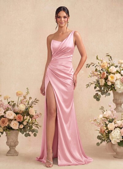 Sheath/Column One-Shoulder Sleeveless Silk Like Satin Bridesmaid Dresses With Split Front