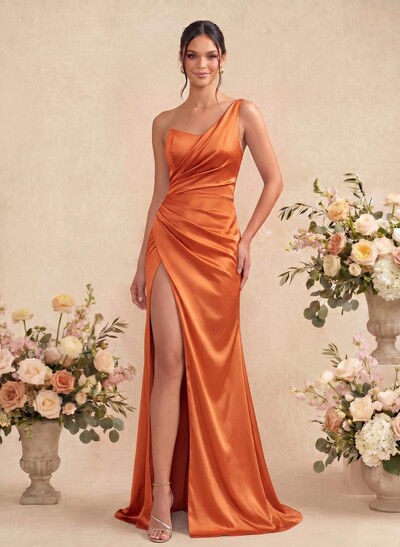 Sheath/Column One-Shoulder Sleeveless Silk Like Satin Bridesmaid Dresses With Split Front