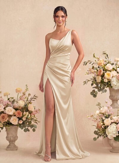 Sheath/Column One-Shoulder Sleeveless Silk Like Satin Bridesmaid Dresses With Split Front
