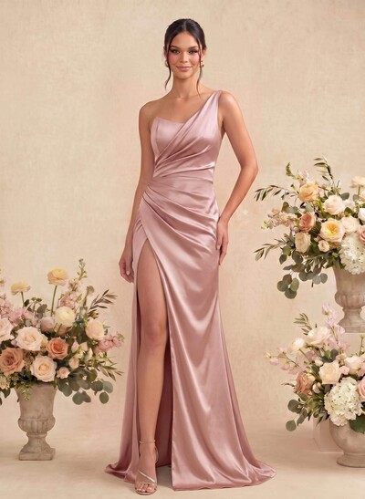 Sheath/Column One-Shoulder Sleeveless Silk Like Satin Bridesmaid Dresses With Split Front