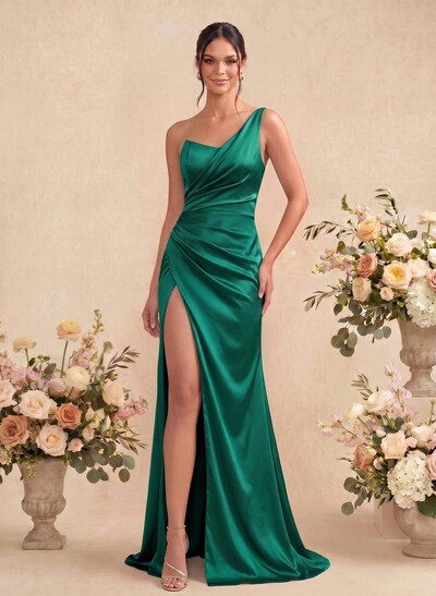 Sheath/Column One-Shoulder Sleeveless Silk Like Satin Bridesmaid Dresses With Split Front