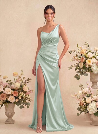 Sheath/Column One-Shoulder Sleeveless Silk Like Satin Bridesmaid Dresses With Split Front
