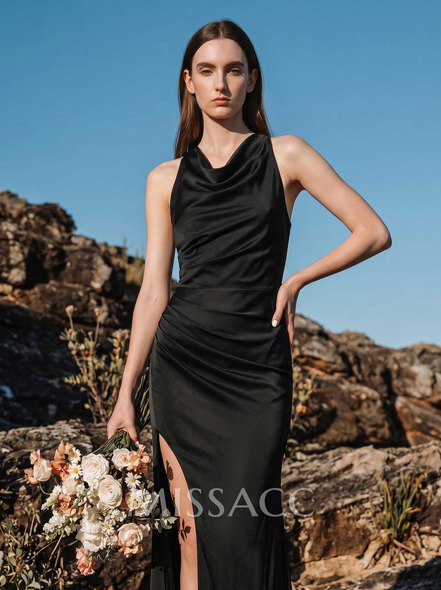 Sheath/Column Cowl Neck Sleeveless Bridesmaid Dresses With Split Front Sheath/Column Cowl Neck Sleeveless Bridesmaid Dresses With Split Front