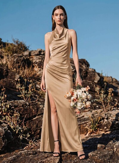 Sheath/Column Cowl Neck Sleeveless Bridesmaid Dresses With Split Front