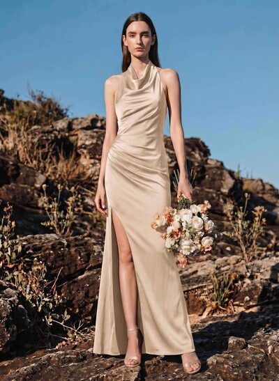 Column Cowl Neck Sleeveless Bridesmaid Dresses With Front Split