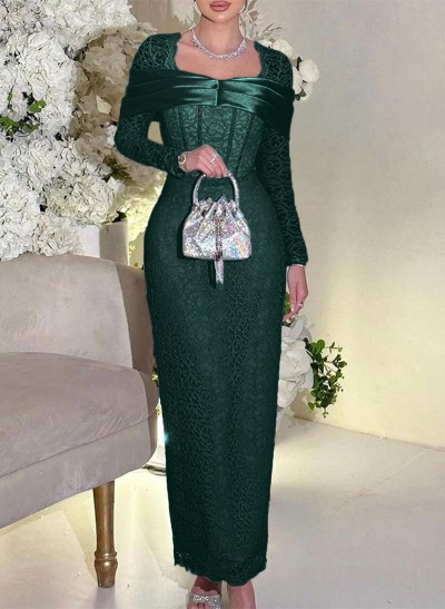 Sheath/Column Square Neckline Long Sleeves Ankle-Length Lace Bridesmaid Dresses