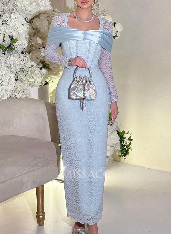 Sheath/Column Square Neckline Long Sleeves Ankle-Length Lace Bridesmaid Dresses