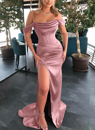 Sheath/Column Off-The-Shoulder Sleeveless Satin Bridesmaid Dresses With Ruffle/Split Front