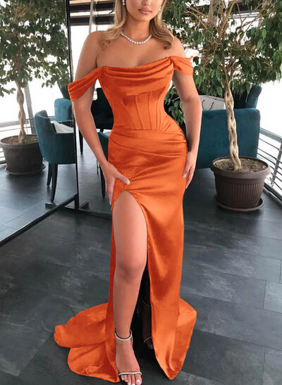 Sheath/Column Off-The-Shoulder Sleeveless Satin Bridesmaid Dresses With Ruffle/Split Front