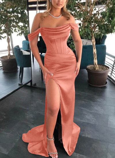 Sheath/Column Off-The-Shoulder Sleeveless Satin Bridesmaid Dresses With Ruffle/Split Front