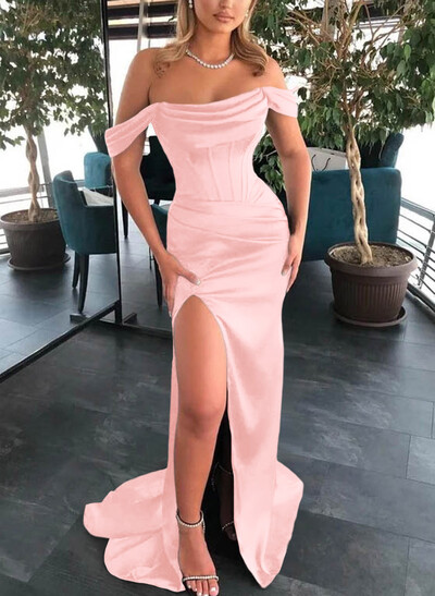 Sheath/Column Off-The-Shoulder Sleeveless Satin Bridesmaid Dresses With Ruffle/Split Front