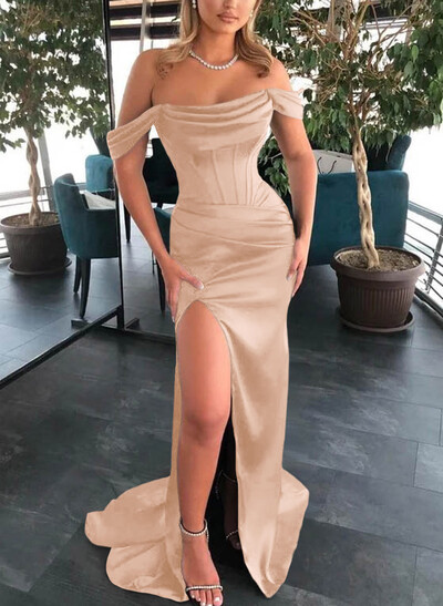 Sheath/Column Off-The-Shoulder Sleeveless Satin Bridesmaid Dresses With Ruffle/Split Front