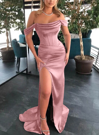 Sheath/Column Off-The-Shoulder Sleeveless Satin Bridesmaid Dresses With Ruffle/Split Front