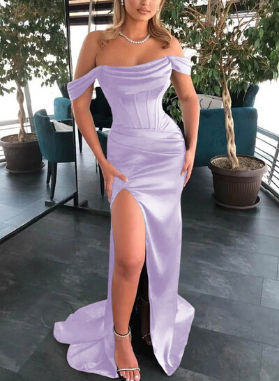 Sheath/Column Off-The-Shoulder Sleeveless Satin Bridesmaid Dresses With Ruffle/Split Front