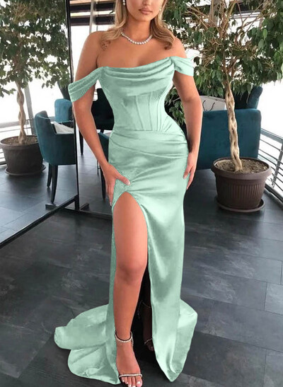 Sheath/Column Off-The-Shoulder Sleeveless Satin Bridesmaid Dresses With Ruffle/Split Front