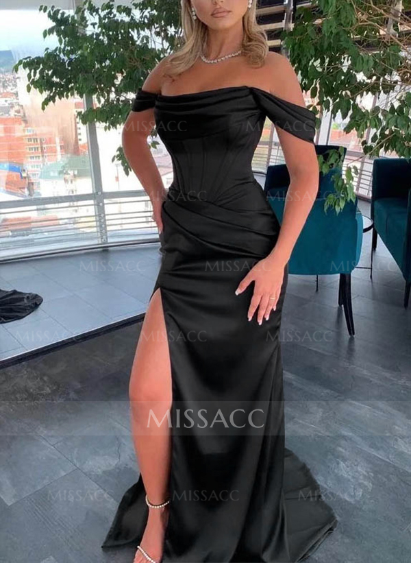 Sheath/Column Off-The-Shoulder Sleeveless Satin Bridesmaid Dresses With Ruffle/Split Front