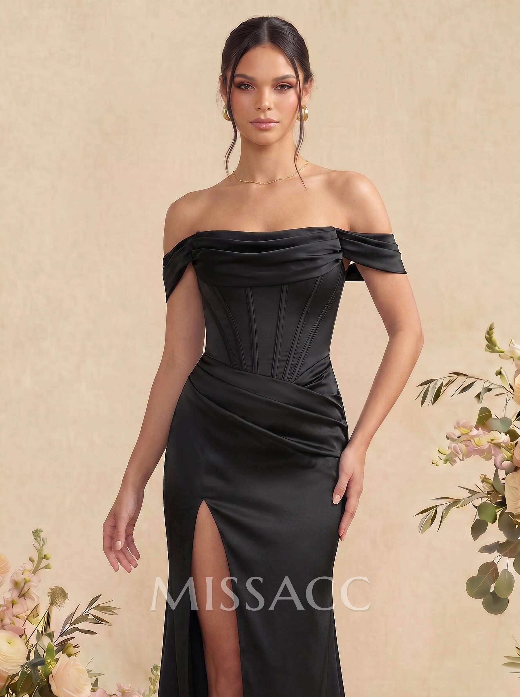 Sheath/Column Off-The-Shoulder Sleeveless Satin Bridesmaid Dresses With Ruffle/Split Front Sheath/Column Off-The-Shoulder Sleeveless Satin Bridesmaid Dresses With Ruffle/Split Front