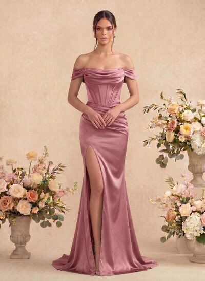 Sheath/Column Off-The-Shoulder Sleeveless Satin Bridesmaid Dresses With Ruffle/Split Front