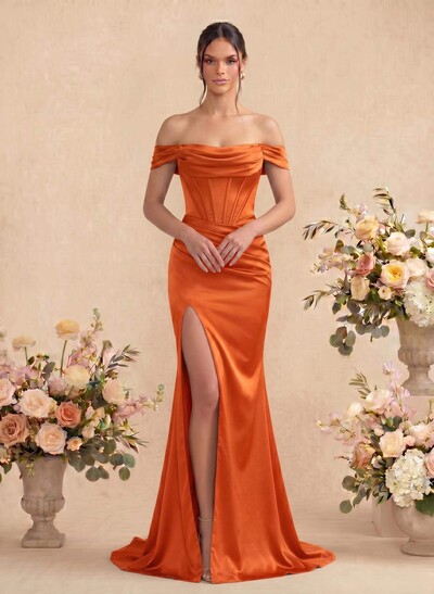 Sheath/Column Off-The-Shoulder Sleeveless Satin Bridesmaid Dresses With Ruffle/Split Front