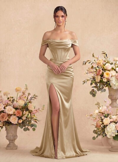 Sheath/Column Off-The-Shoulder Sleeveless Satin Bridesmaid Dresses With Ruffle/Split Front