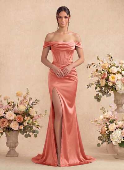 Sheath/Column Off-The-Shoulder Sleeveless Satin Bridesmaid Dresses With Ruffle/Split Front