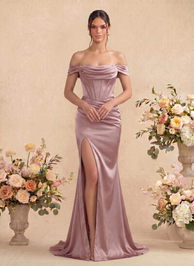 Sheath/Column Off-The-Shoulder Sleeveless Satin Bridesmaid Dresses With Ruffle/Split Front