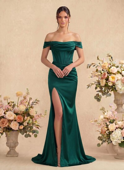 Sheath/Column Off-The-Shoulder Sleeveless Satin Bridesmaid Dresses With Ruffle/Split Front