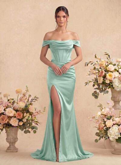 Sheath/Column Off-The-Shoulder Sleeveless Satin Bridesmaid Dresses With Ruffle/Split Front