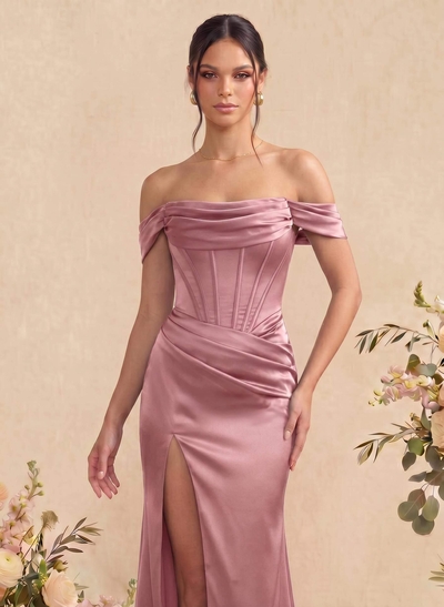 Sheath/Column Off-The-Shoulder Sleeveless Satin Bridesmaid Dresses With Ruffle/Split Front