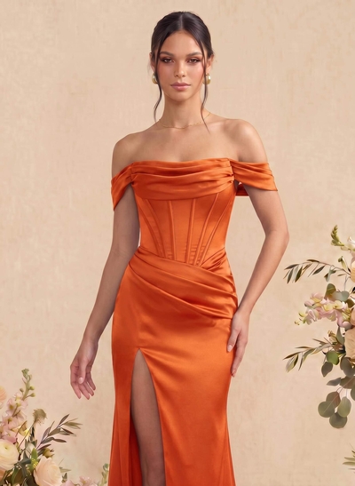 Sheath/Column Off-The-Shoulder Sleeveless Satin Bridesmaid Dresses With Ruffle/Split Front