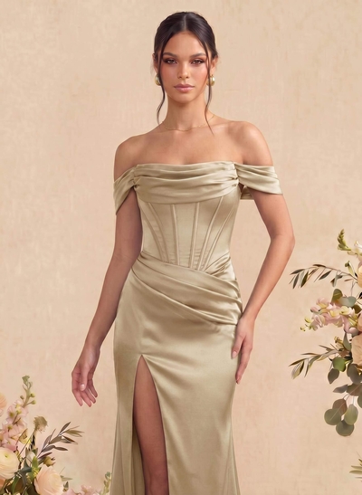 Sheath/Column Off-The-Shoulder Sleeveless Satin Bridesmaid Dresses With Ruffle/Split Front