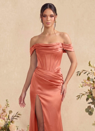 Sheath/Column Off-The-Shoulder Sleeveless Satin Bridesmaid Dresses With Ruffle/Split Front