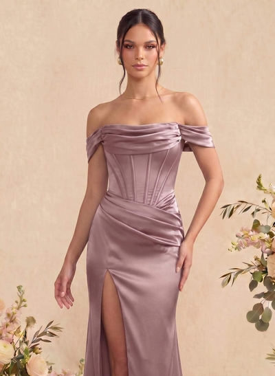 Sheath/Column Off-The-Shoulder Sleeveless Satin Bridesmaid Dresses With Ruffle/Split Front