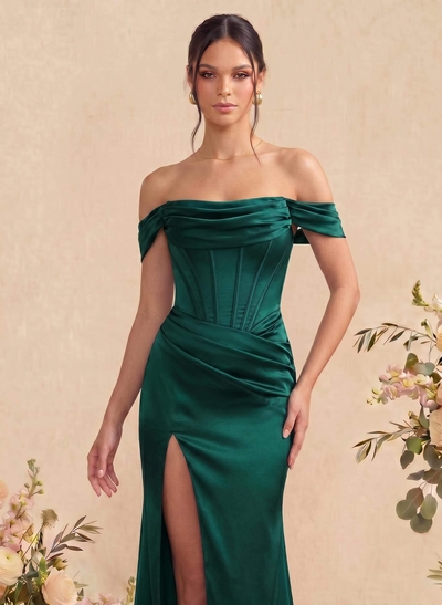 Sheath/Column Off-The-Shoulder Sleeveless Satin Bridesmaid Dresses With Ruffle/Split Front