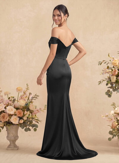 Sheath/Column Off-The-Shoulder Sleeveless Satin Bridesmaid Dresses With Ruffle/Split Front