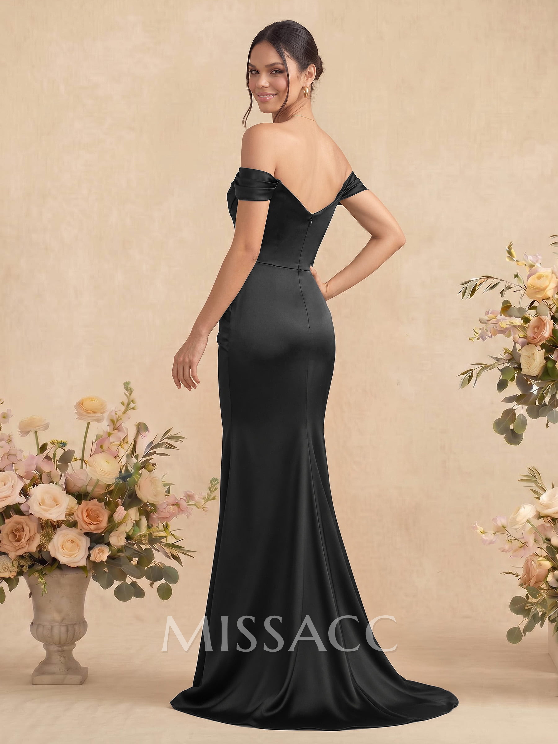 Sheath/Column Off-The-Shoulder Sleeveless Satin Bridesmaid Dresses With Ruffle/Split Front