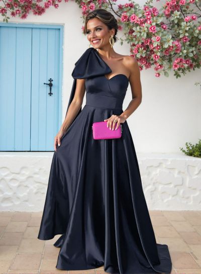 A-Line One-Shoulder Sleeveless Sweep Train Satin Bridesmaid Dresses With Bow(s)