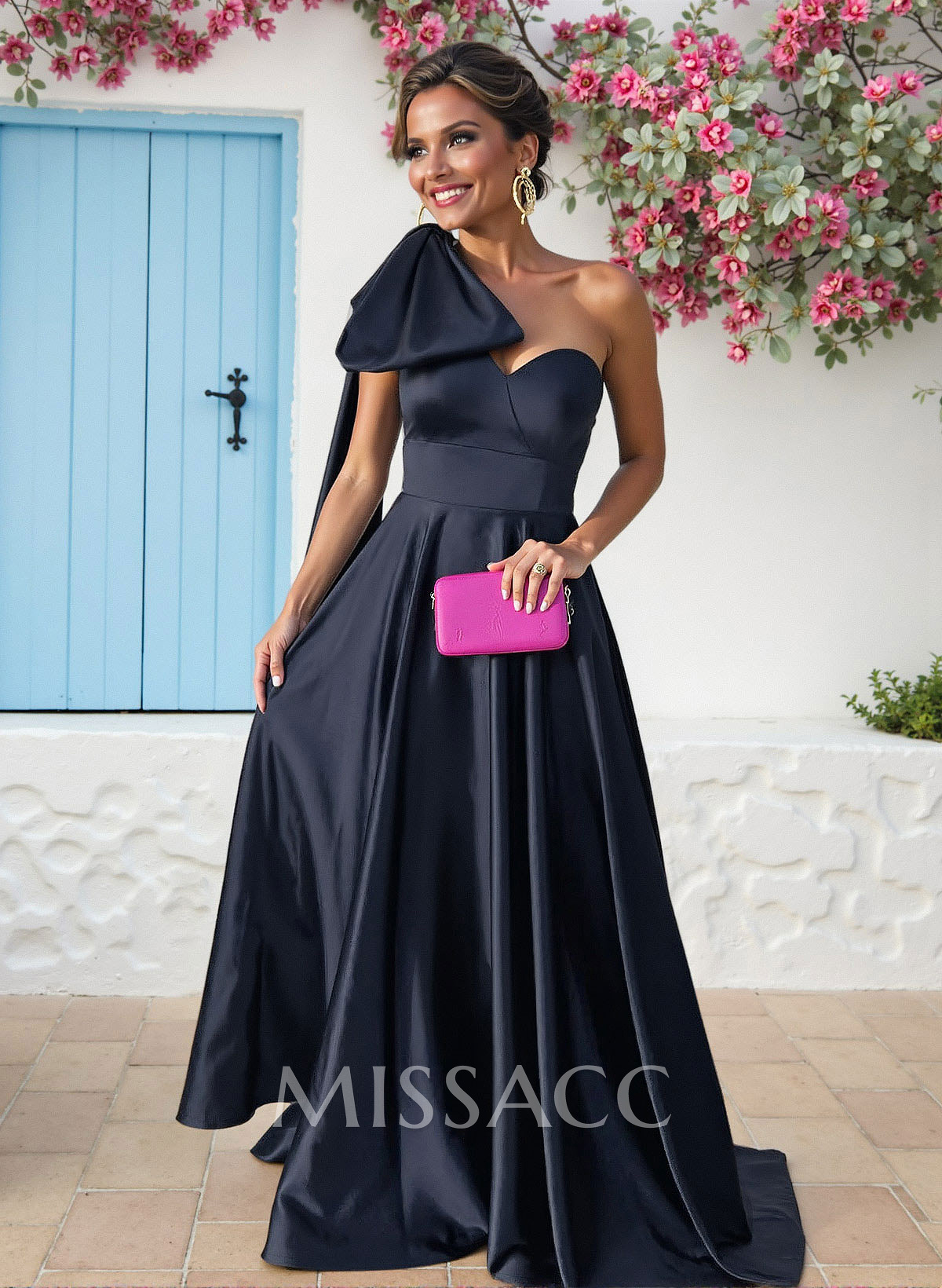 A-Line One-Shoulder Sleeveless Sweep Train Satin Bridesmaid Dresses With Bow(s)