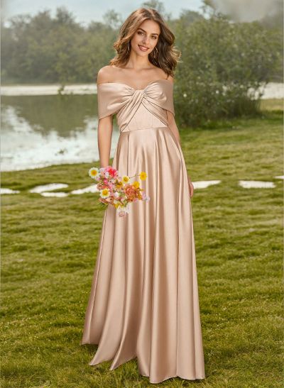 A-Line Off-The-Shoulder Sleeveless Floor-Length Satin Bridesmaid Dresses