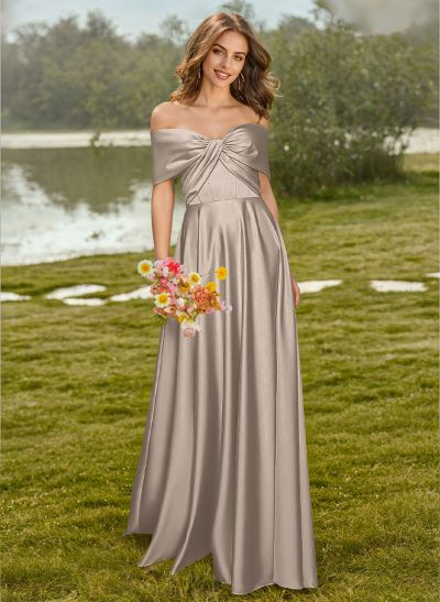 A-Line Off-The-Shoulder Sleeveless Floor-Length Satin Bridesmaid Dresses