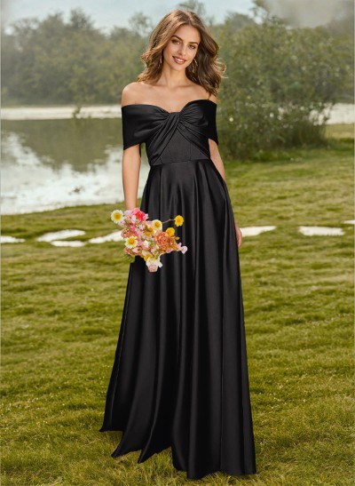 A-Line Off-The-Shoulder Sleeveless Floor-Length Satin Bridesmaid Dresses