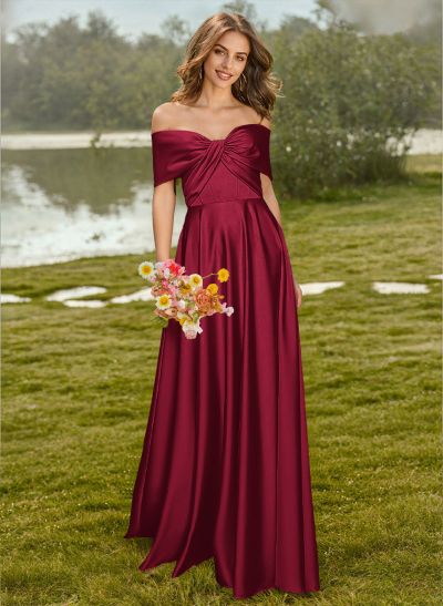 A-Line Off-The-Shoulder Sleeveless Floor-Length Satin Bridesmaid Dresses