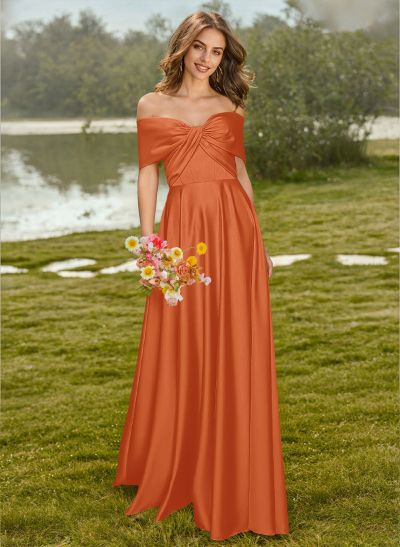 A-Line Off-The-Shoulder Sleeveless Floor-Length Satin Bridesmaid Dresses