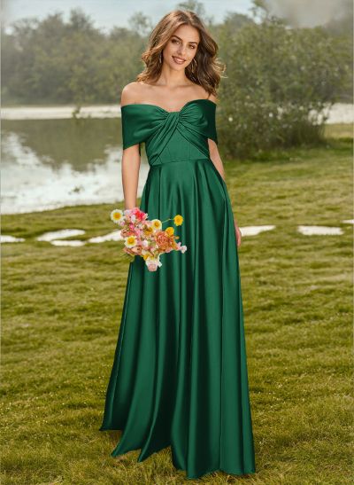 A-Line Off-The-Shoulder Sleeveless Floor-Length Satin Bridesmaid Dresses