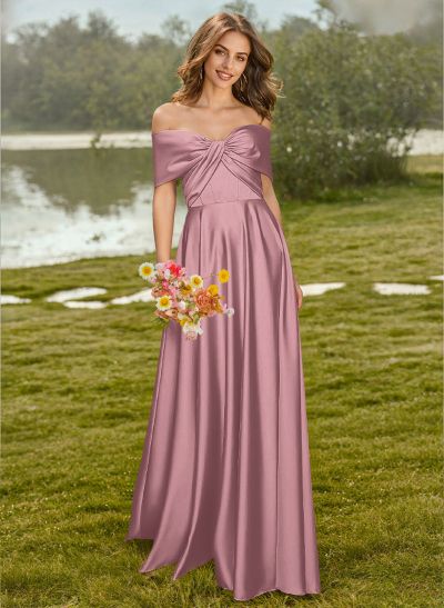 A-Line Off-The-Shoulder Sleeveless Floor-Length Satin Bridesmaid Dresses