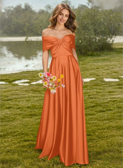 A-Line Off-The-Shoulder Sleeveless Floor-Length Satin Bridesmaid Dresses