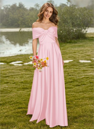 A-Line Off-The-Shoulder Sleeveless Floor-Length Satin Bridesmaid Dresses