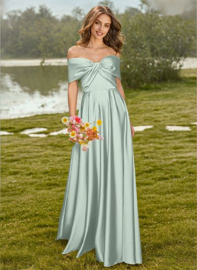 A-Line Off-The-Shoulder Sleeveless Floor-Length Satin Bridesmaid Dresses