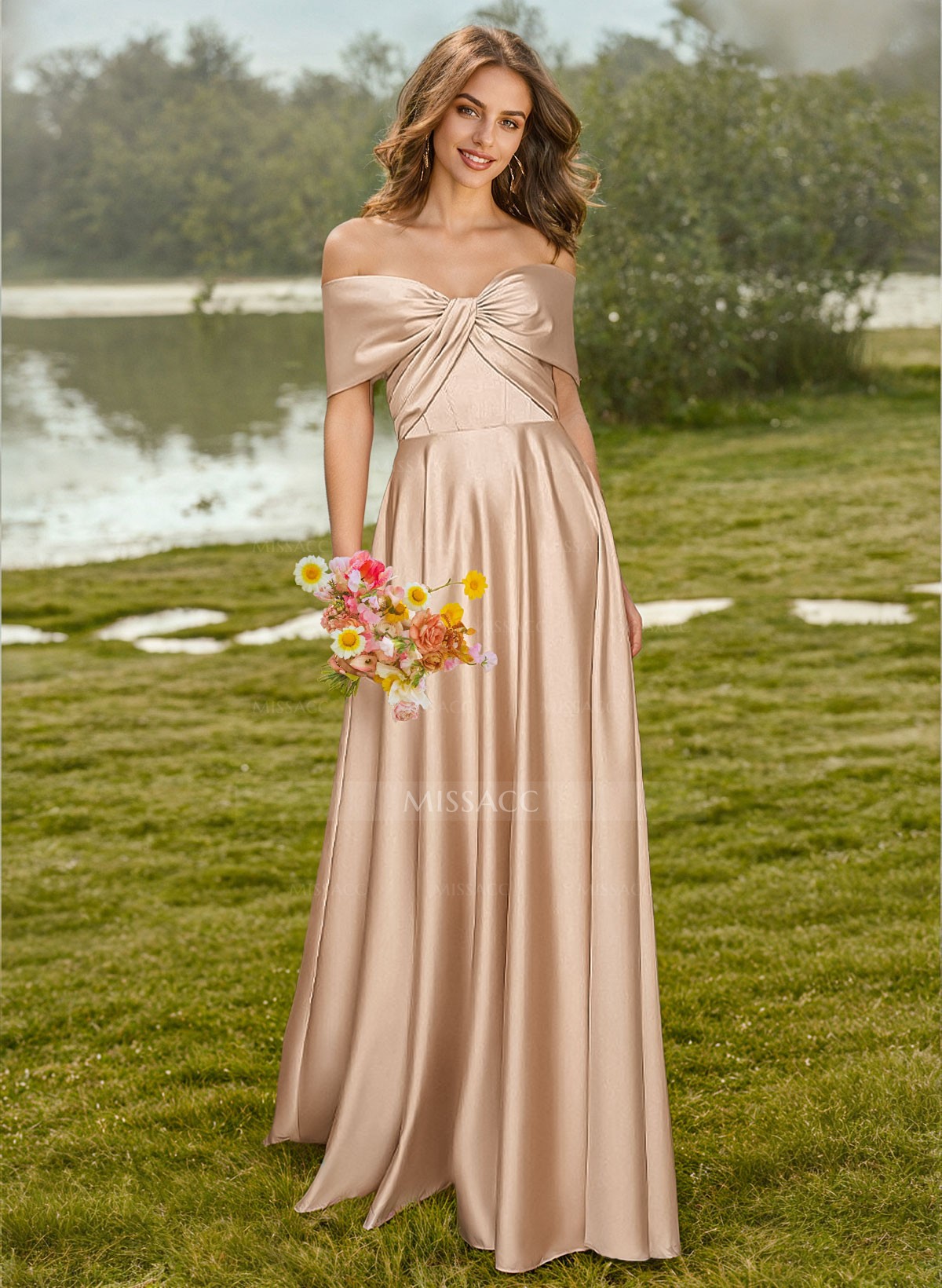 A-Line Off-The-Shoulder Sleeveless Floor-Length Satin Bridesmaid Dresses