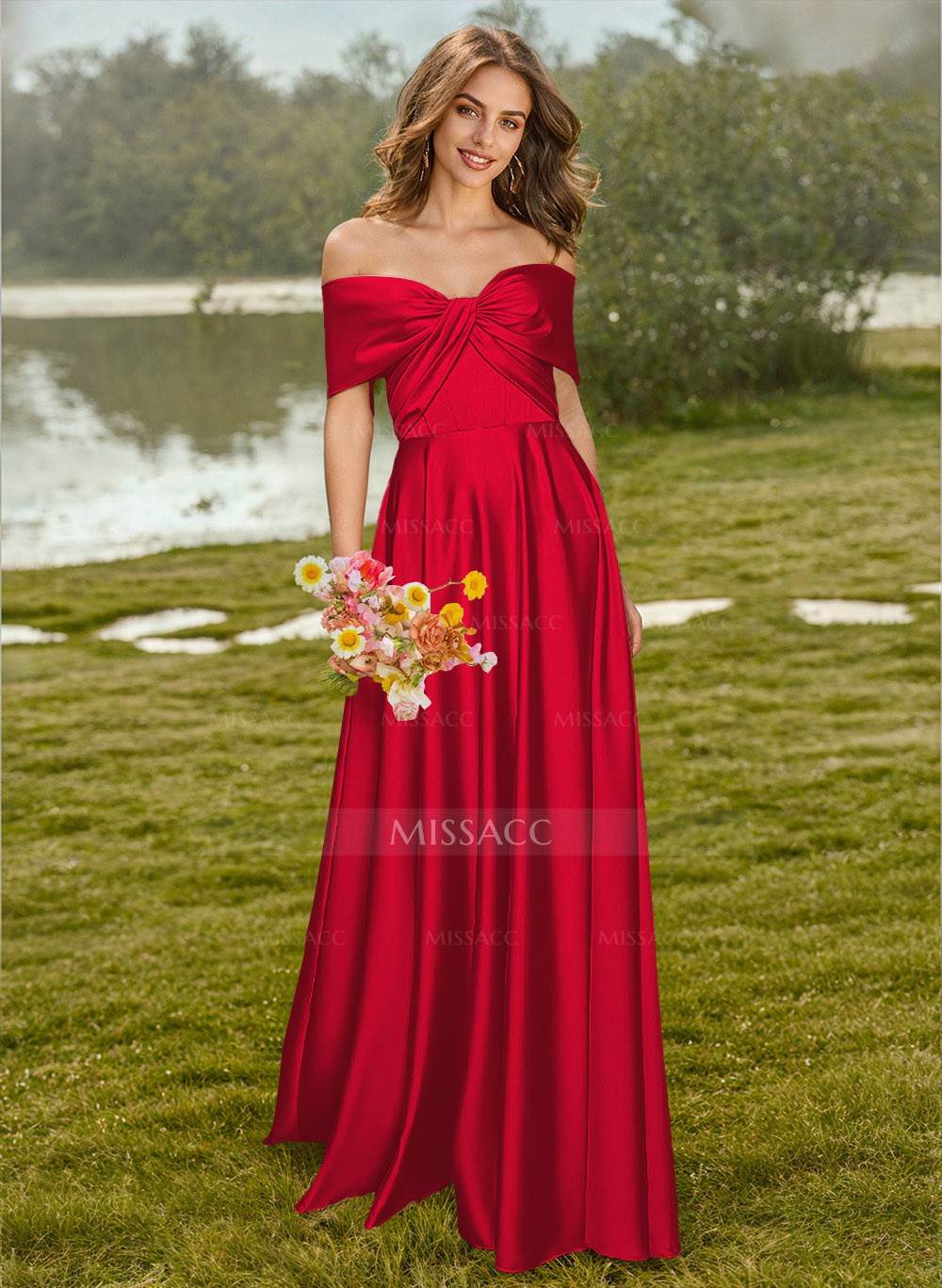 A-Line Off-The-Shoulder Sleeveless Floor-Length Satin Bridesmaid